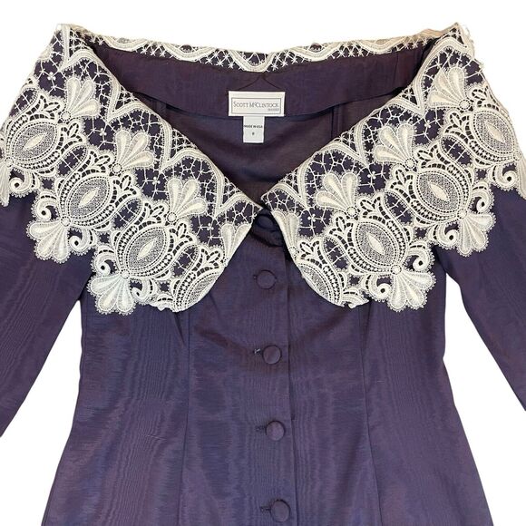 VTG 80s 90s Scott McClintock 2 Piece Skirt Suit Sz 8 Purple Taffeta Lace Collar - Picture 3 of 15